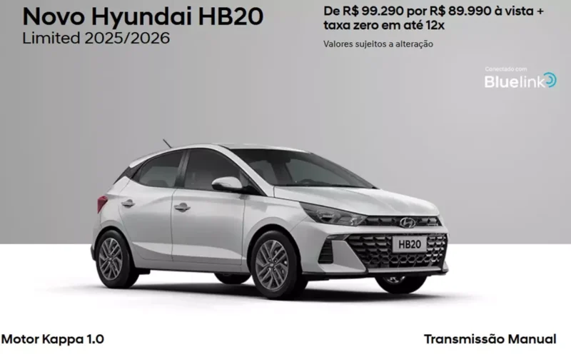 Desconto imperdível: Hyundai HB20 1.0 Limited 2026 com R$ 10 mil de desconto