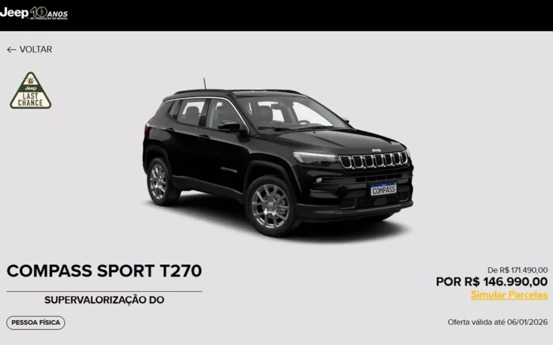Ofertas imperdíveis: Jeep Compass Sport 2026 pelo mesmo preço do Tracker 1.0 Turbo